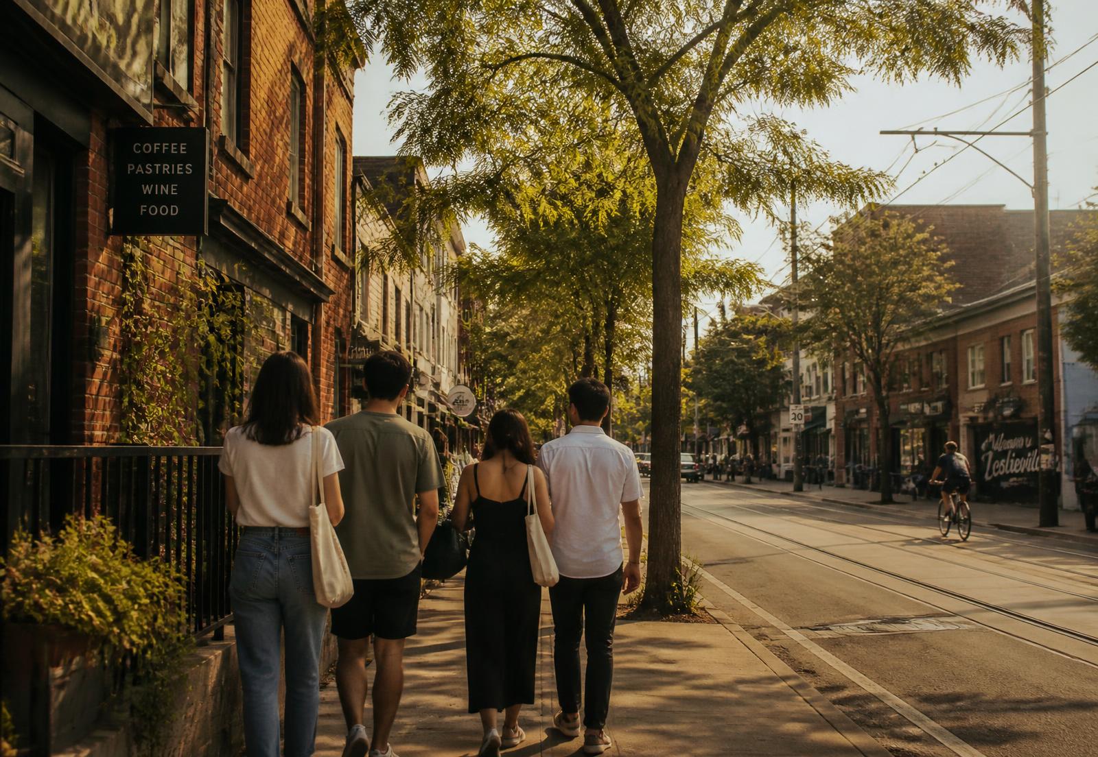 A small group walking a tree-lined Toronto street in late afternoon light